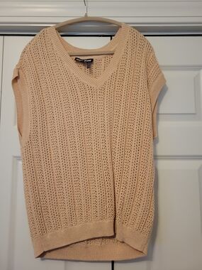 DKNY Pale Peach With Shimmer Open-Knit V-Neck Sweater
